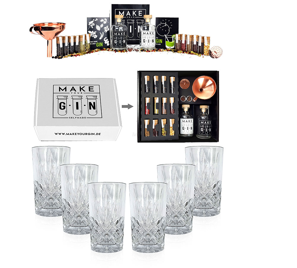 Longdrinkglas in Kristall Optik - 6er Set Gläser + Make Your Gin Geschenkset weiß Geschenkbox Gin zum Selbermachen - 11 Botanicals + Bar Trichter + Anleitung mit Rezept