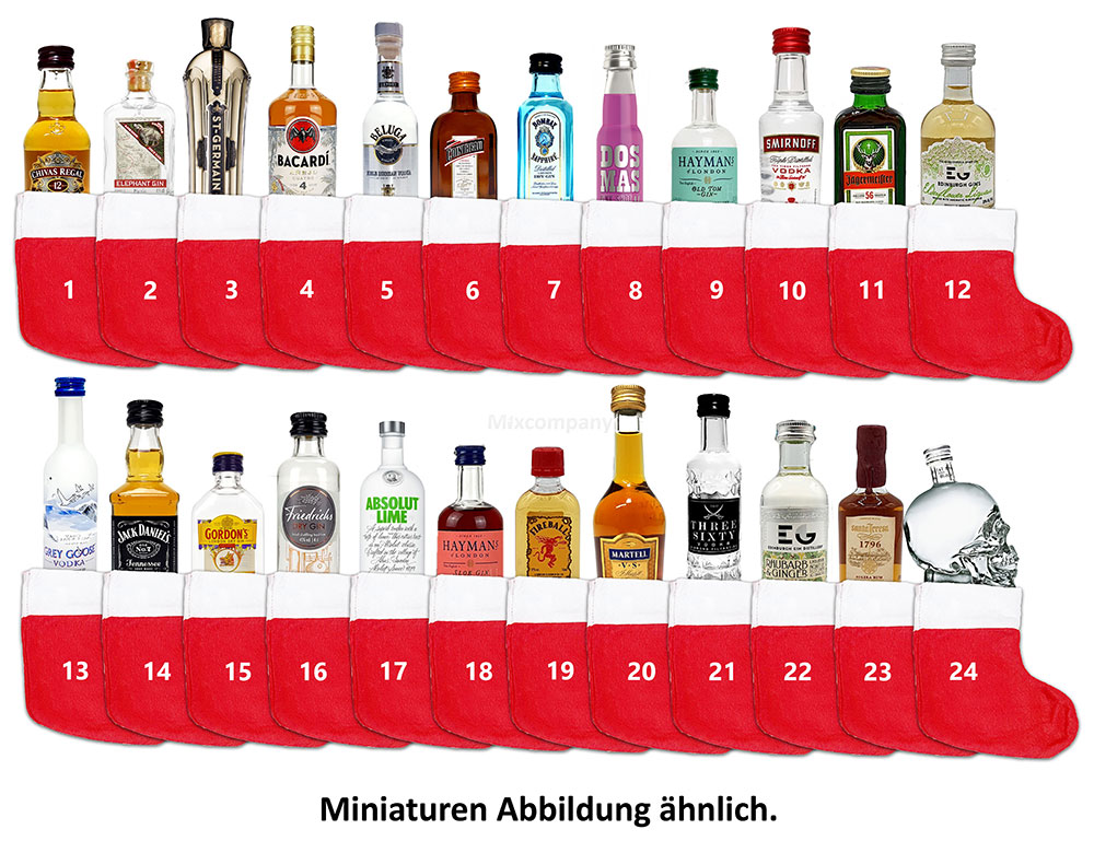 Spirituosen Tasting Adventskalender / Kalender Socken Set / Probierset - 24x verschiedene Sorten Gin Vodka Whisky Rum Likör - Weihnachtsgeschenk - Geschenkset - NEU