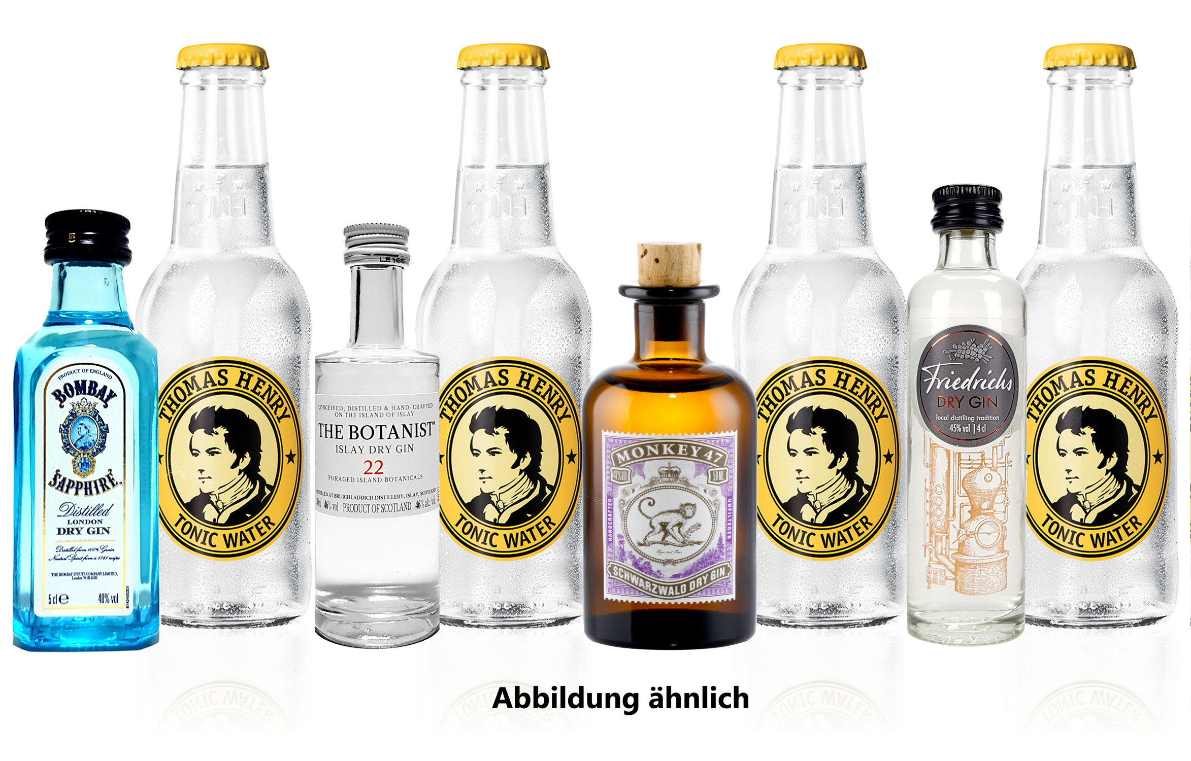 Gin Tonic mini 4er Set - Bombay Sapphire London Dry Gin 50ml (40% Vol) + Monkey 47 Schwarzwald Dry Gin 50ml (47% Vol) + The Botanist Islay Dry Gin 50ml (46% Vol) + Friedrichs Dry Gin 4cl (45% Vol) - Inkl. Pfand MEHRWEG