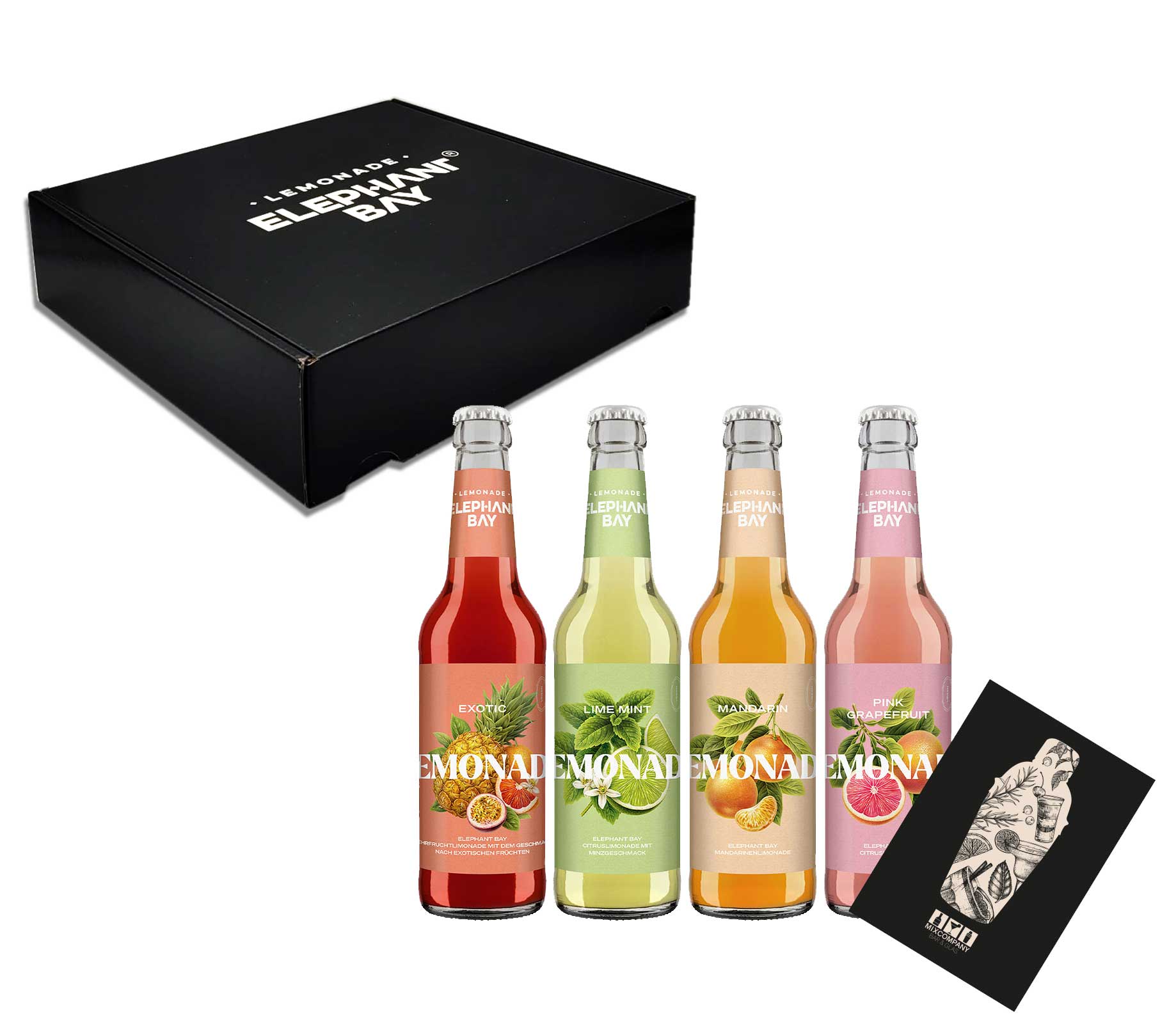 Elephant Bay 4er Lemonaden tasting Box - 1x pro Sorte Pink Grapefruit + Mandarin + Exotic + Lime Mint je 330ml inkl. Pfand - MEHRWEG