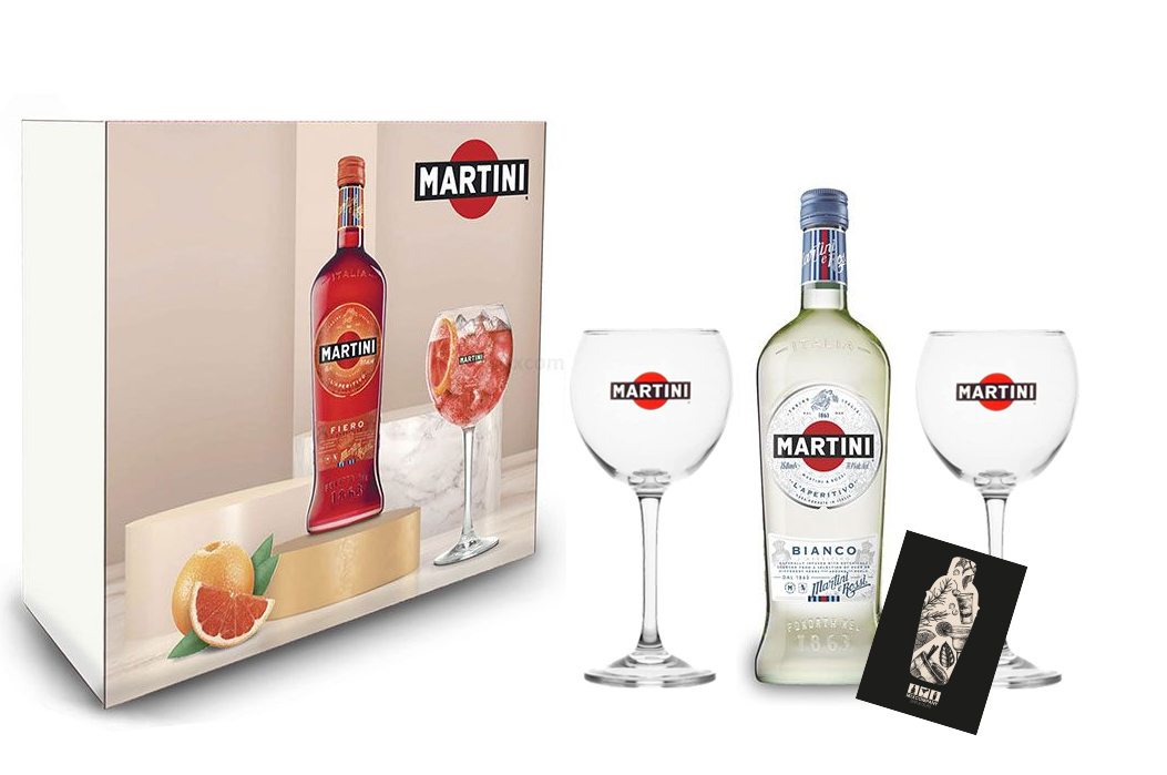 Martini Bianco Schuber Geschenkset - Wermuth 0,75L (14,4% Vol) + 2x Ballon Glas / Gläser-Set- [Enthält Sulfite]
