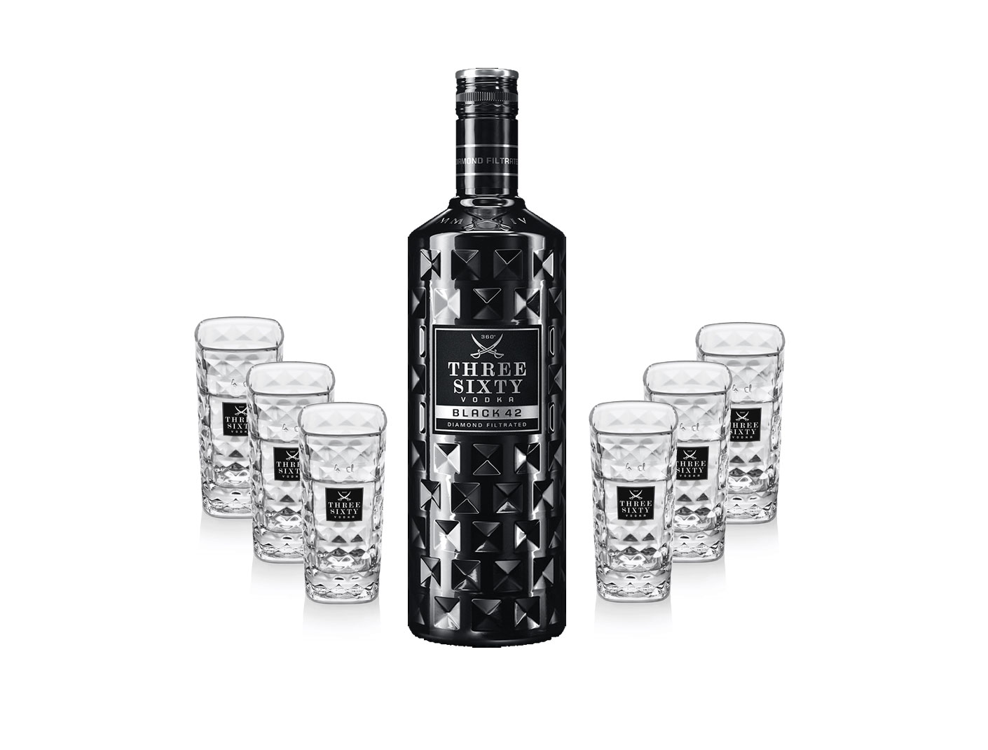 Three Sixty Set Geschenkset - Three Sixty Black Vodka Wodka 0,7L 700ml (42% Vol) + 6x Shotgläser Glas 2 und 4cl geeicht- [Enthält Sulfite]
