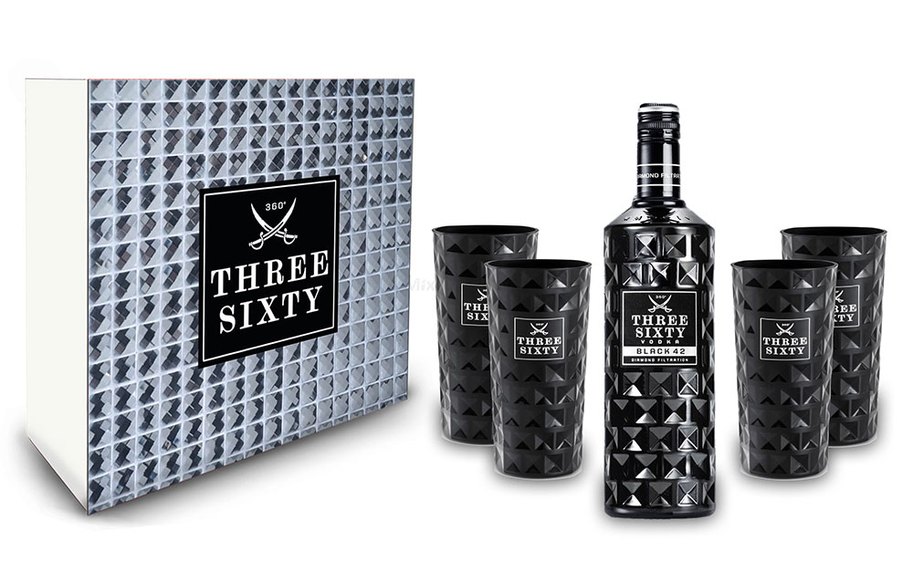 Three Sixty Set / Geschenkset - Three Sixty Black Vodka 1L (42% Vol) + 4x Black Gläser eckig